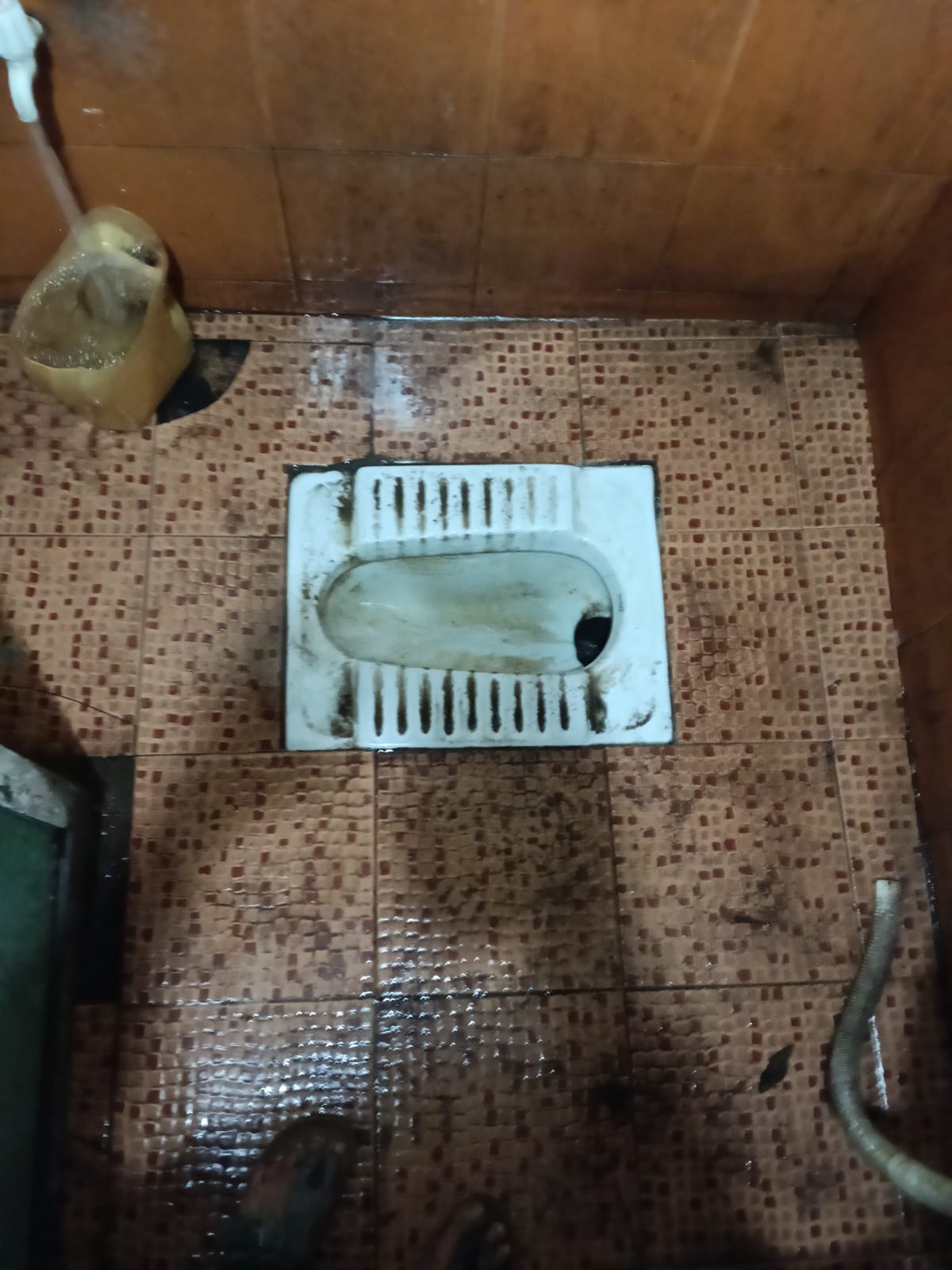 Before: stained Indian bathroom with dirty WC and tiles