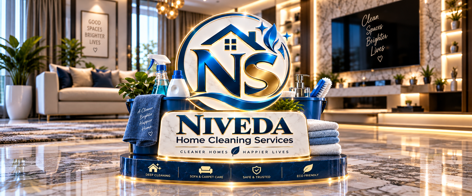 NIVEDA Home Cleaning Services — premium deep cleaning presentation in a bright modern living room
